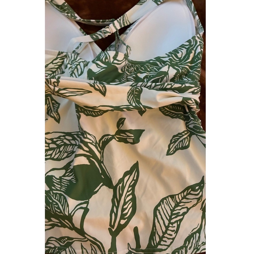 Lands' End Tankini Top Women M Green White Tropical Palm Leaf V-Neck Surplice - Picture 9 of 12